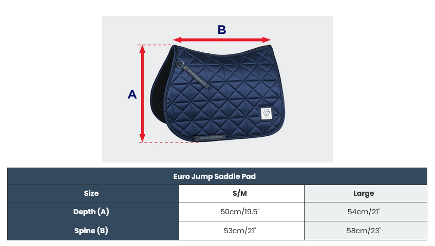 2025 Weatherbeeta Satin Luxe Air-Tec Euro Jump Shaped Saddle Pad  Size Chart